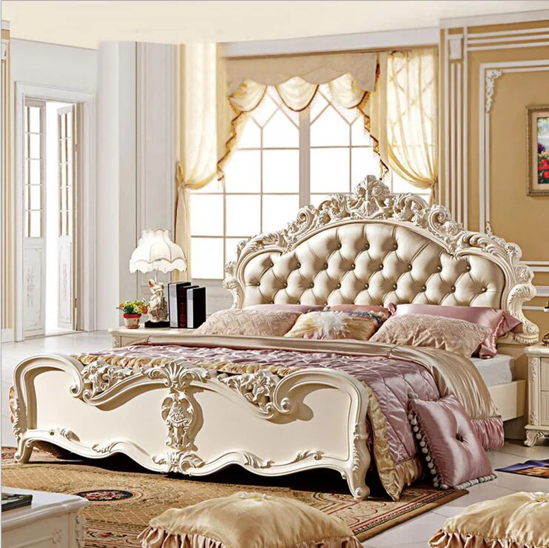 

modern european solid wood bed 2 people Fashion Carved leather french bedroom furniture pfy10182