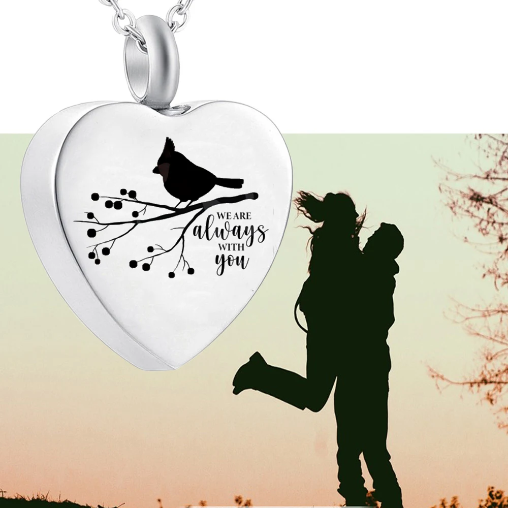 Heart Cremation Jewelry urn keepsake Small Bird Pendant Necklace Stainless Steel Ashes Necklace -We are always with you