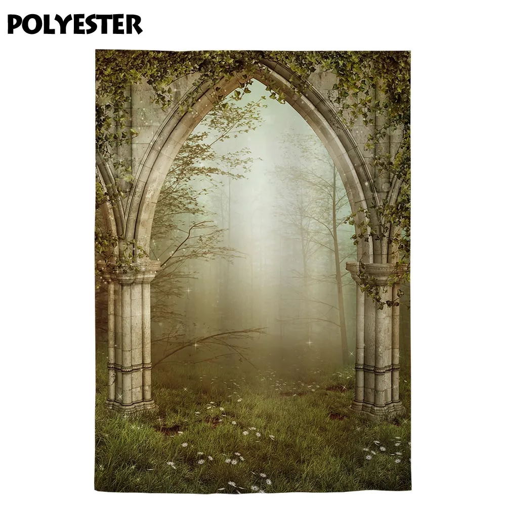 Allenjoy photographic background garden gate old gothic ruins ivy mysterious foggy forest lawn backdrop shimmer photophone