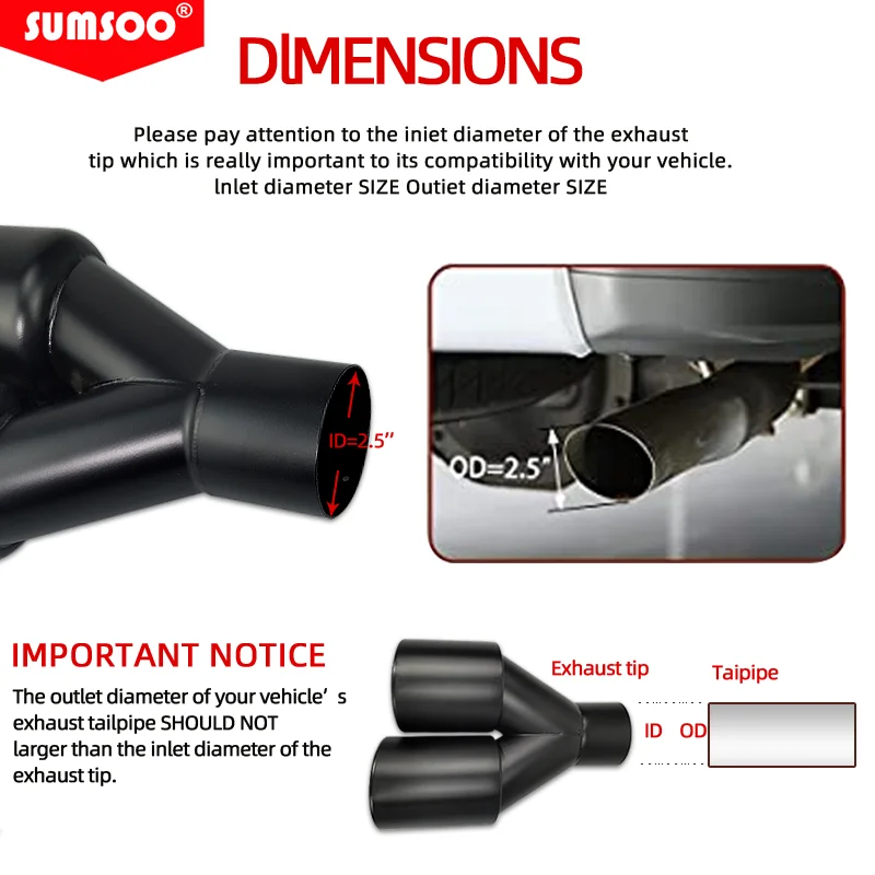 genuine sumsoo Dual Exhaust Tip double wall rolled edge Stainless Steel black powder coated Weld-on muffler Tail pipe