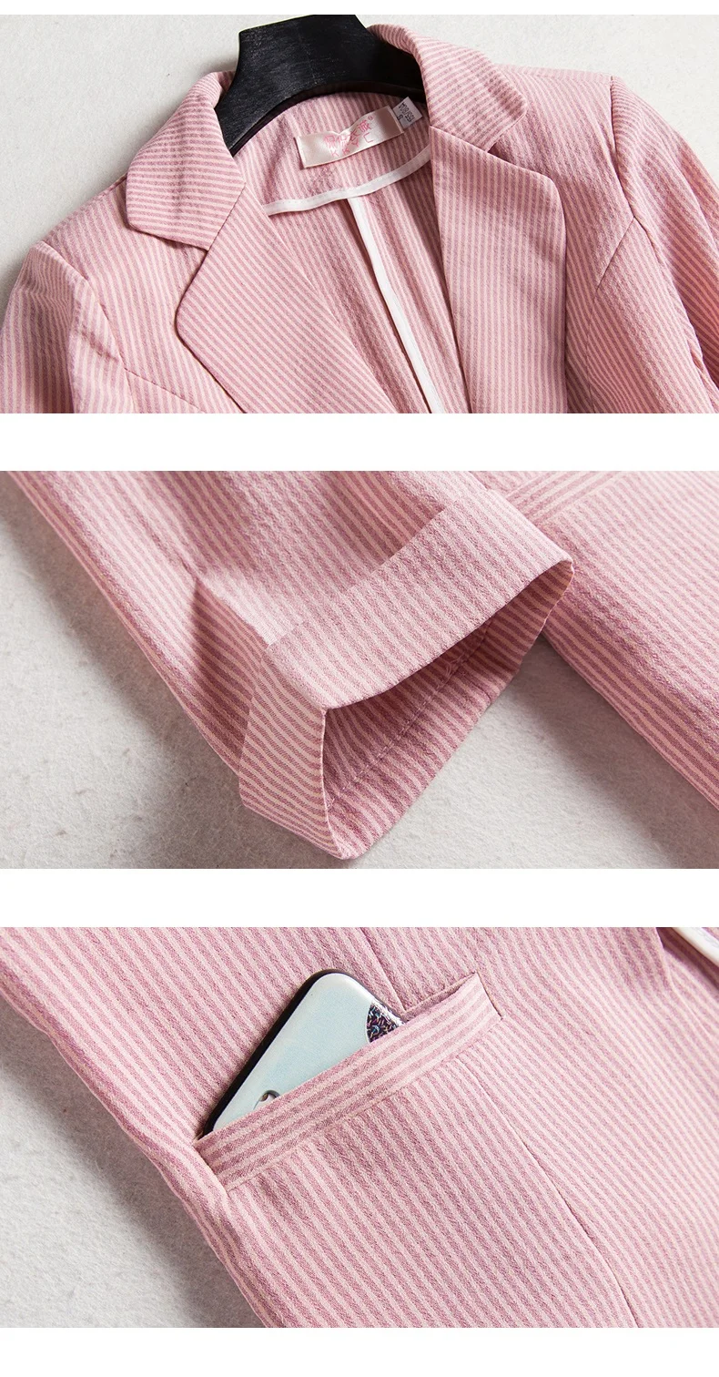 Elegant Women's Stripe 3/4 Sleeve Suit Jacket 2026 Spring Summer Thin Slim Outwear Single Button Female Office Blazer Coat Tops