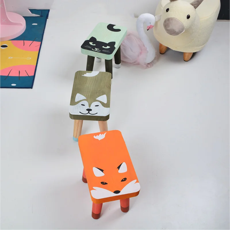 Wooden Toddler Chair Kids Cartoon Fox Cat Husky Pattern Bench  Nursery Room Kindergarten Chairs Children Room Decorations