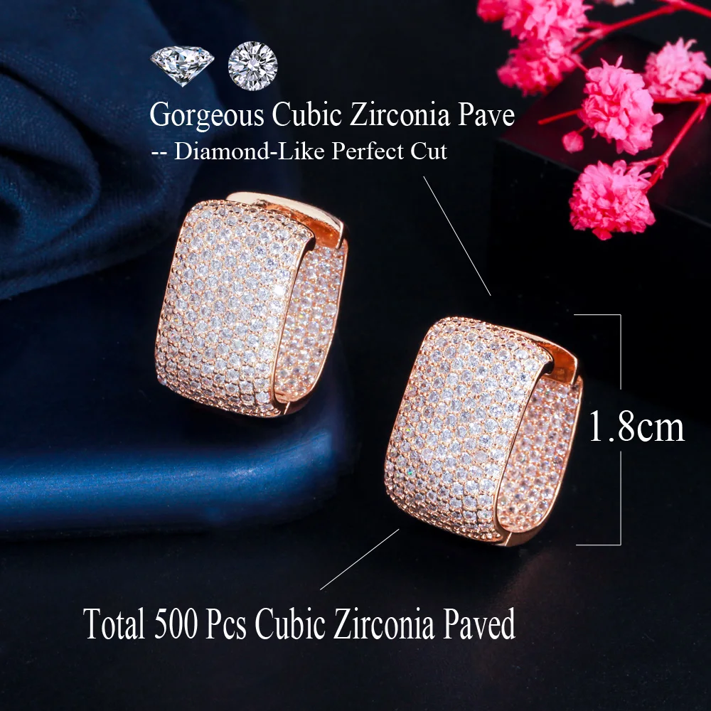 CWWZircons Doppelseitige Micro Gepflasterte Zirkonia Weiß Gold Farbe CZ Stein Rechteck Hoop Ohrringe für Damen Schmuck CZ910 – Detail 1
