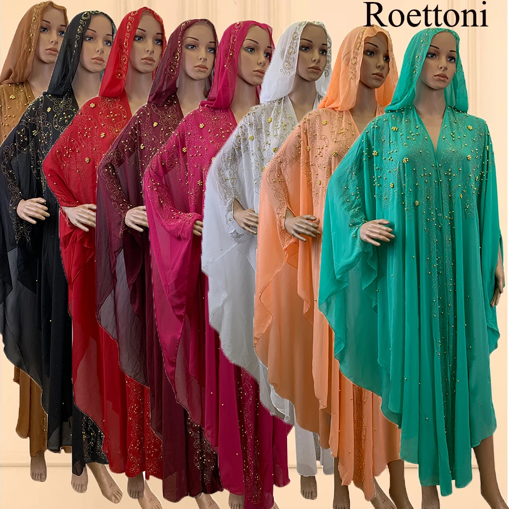 New Trends Turkey to African Hooded Abaya Kaftan Chiffon Beading Women's Party Dresses Muslim Boubou Fashion Outfit Open Robe