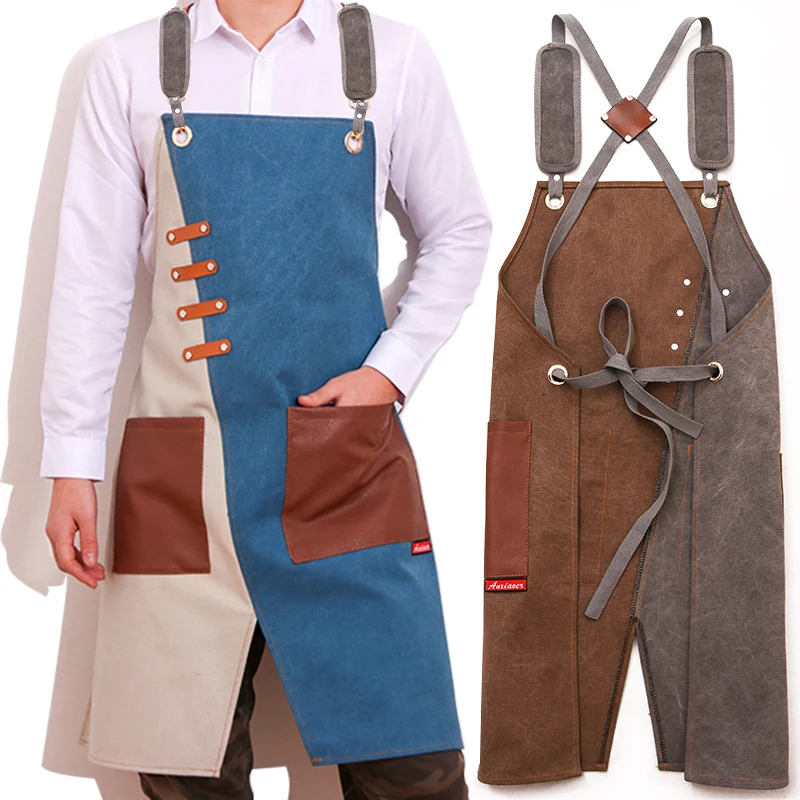 Chef Apron,Denim Canvas Cross Back Adjustable Apron with Pockets , Kitchen Cooking Baking Bib Apron, Men's Kitchen Apron