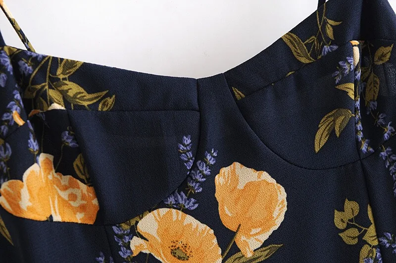 2020 French Summer Navy Blue Floral Print Bandage Spaghetti Strap Midi Dress Retro Sexy Women Lacing Up Sling Slit Vestido
