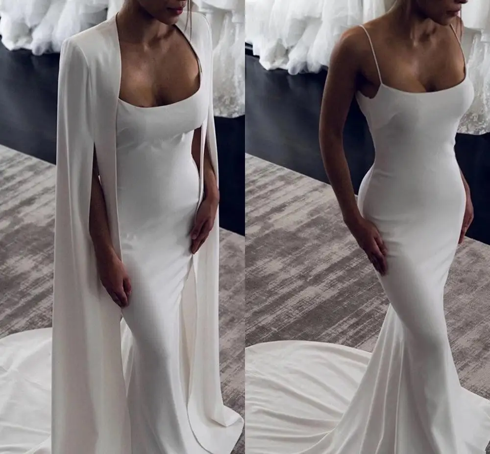 Elegante vestido de novia de sirena de dos piezas, con envoltura, Espalda descubierta, tren de barrido, satén, novia, hecho a medida