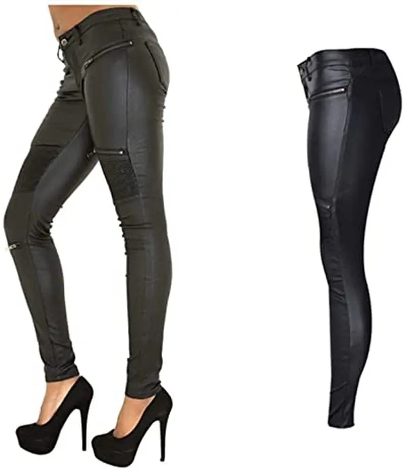 Winter Autumn PU Leather Coated Denim Pants for Women Sexy Tight Stretchy Rider Leggings Black Rock Steampunk Party Costume