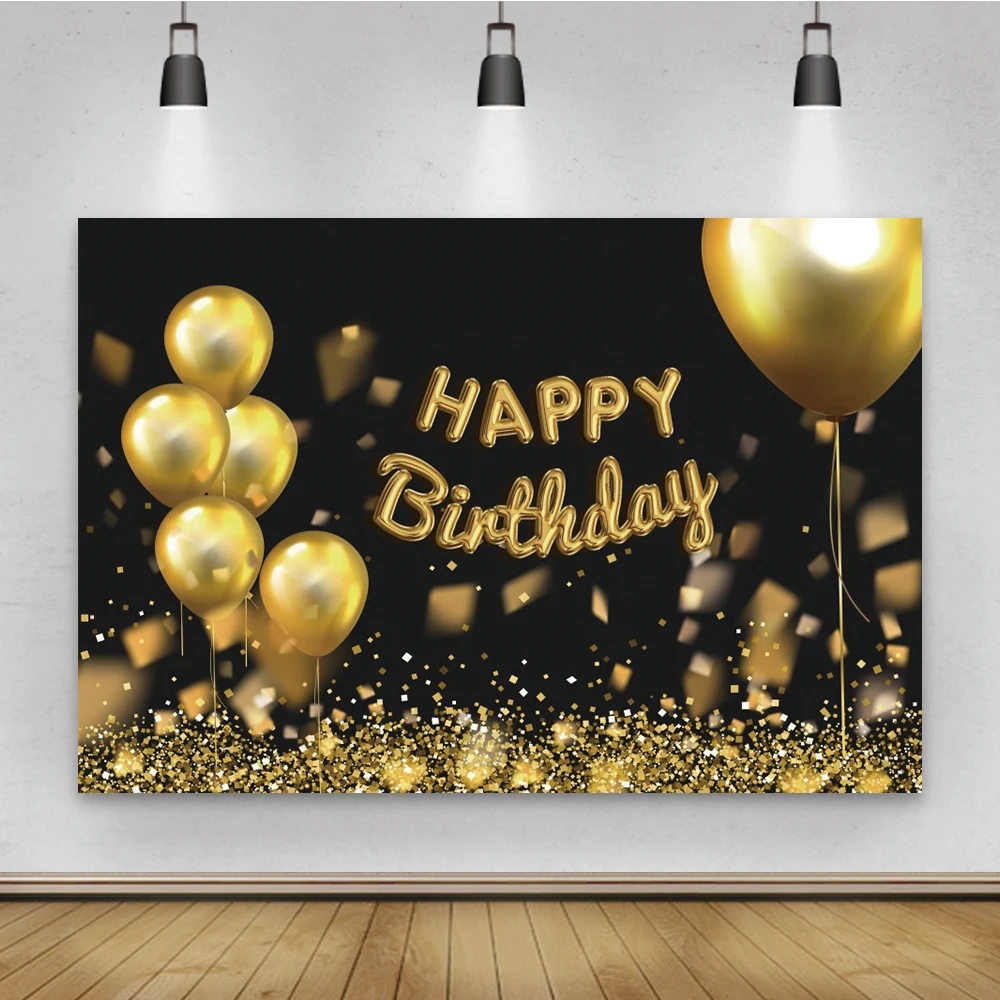 

Laeacco Gold Glitters Happy Birthday Party Decor For Photography Backdrop Black Customized Photocall Background For Photo Studio