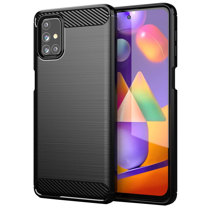 Shock Absorption Cover Soft TPU Anti Scratch Carbon Fiber Design Back Case With Screen Protector for Samsung Galaxy M31S