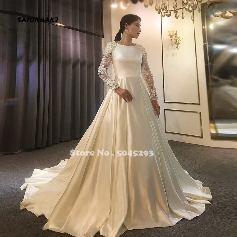 Abito da sposa in raso di lusso 2023 manica lunga con lacci in cristallo con scollo tondo con abito da sposa Royal Train Vestido De Novia