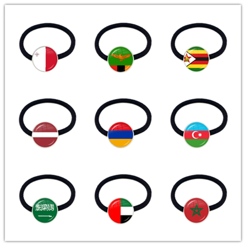 Malta Zambia Zimbabwe Latvia Armenia Azerbaijan Saudi Arabia UAE Morocco National Flag Glass Cabochon Elastic Hair Bands Women