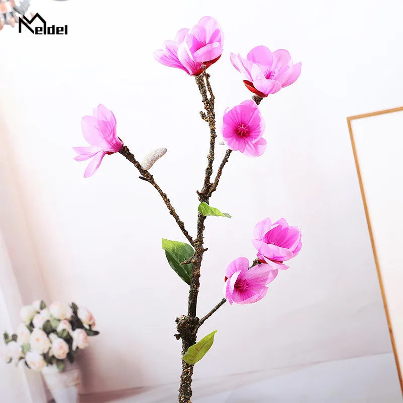 Meldel 9 Heads Silk Magnolia Flowers Branch Royal Upscale Fake Flower Wedding Car Decoration Home Graden Decor Faux Fabric Flore