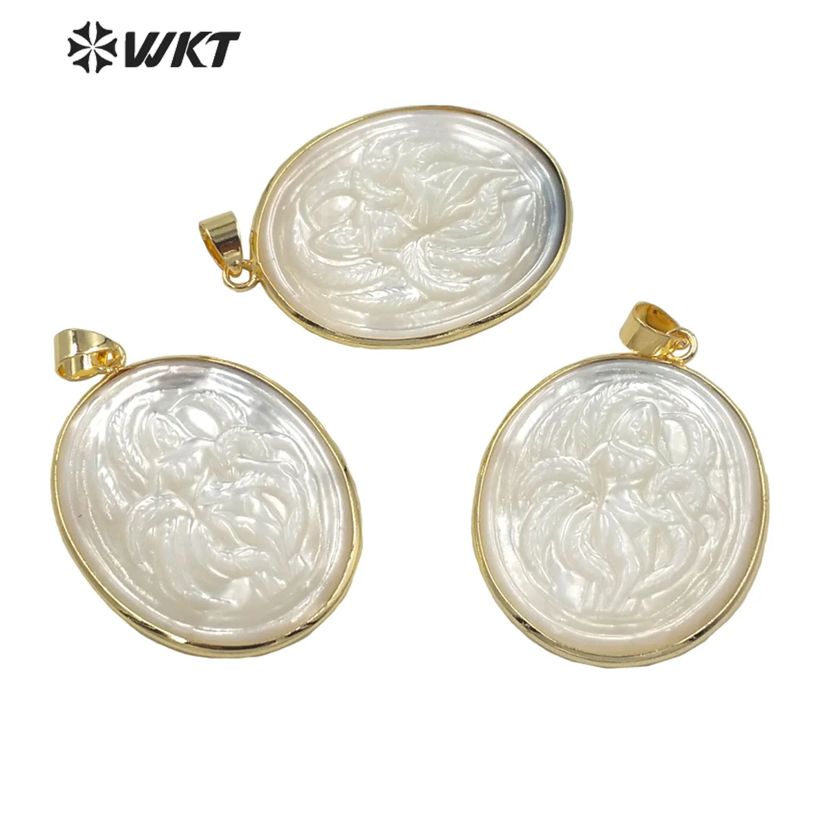 WT-JP245 Amazing Beauty Gold Bezel Hand Carved Mother Of Pearl Pendant Natural Shell Jewelry Finding DIY As Gift For Friend