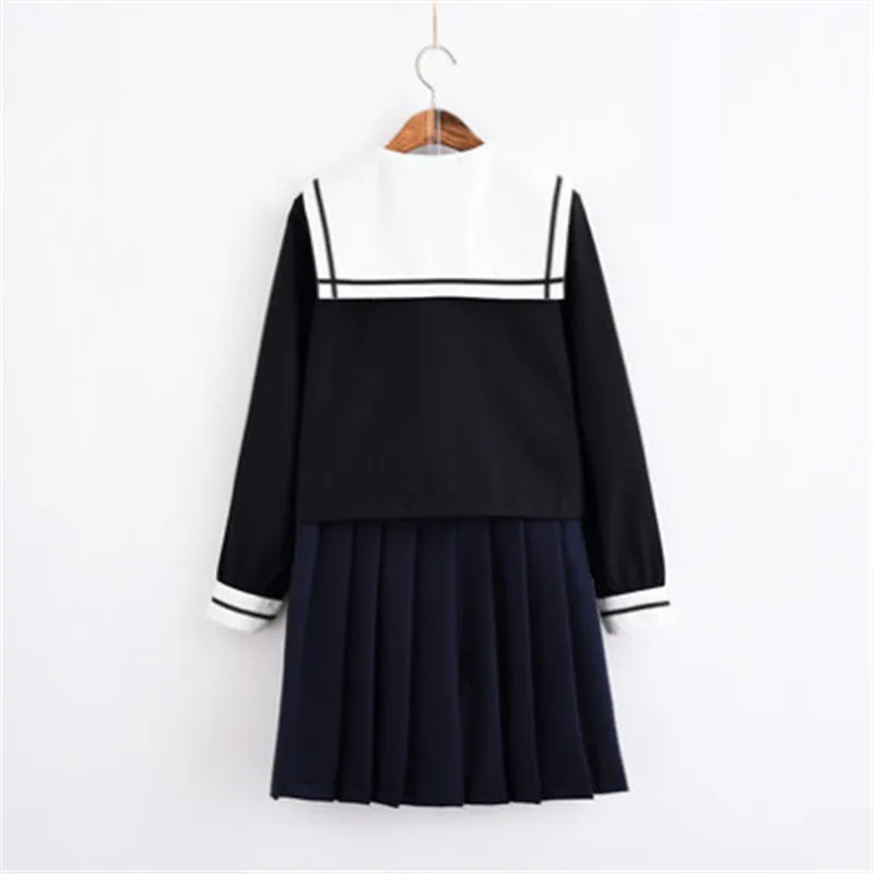 Japanese School Uniform Sailor Shirt Skirt Set Bad Girl Doll Black Solid Color Long Pleated JK Suit High School Student Outfit