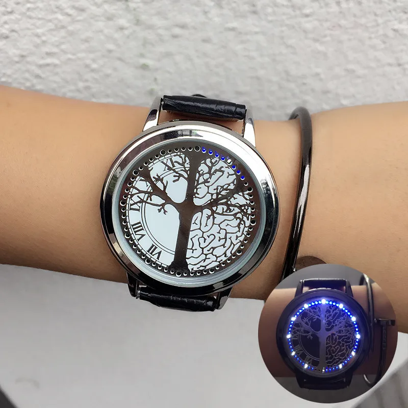 2020 Men Watches Men Led Watches Touch Screen Watch Fashion Unique Tree Pattern 60 Blue Lights Led Watch Leather reloj hombre