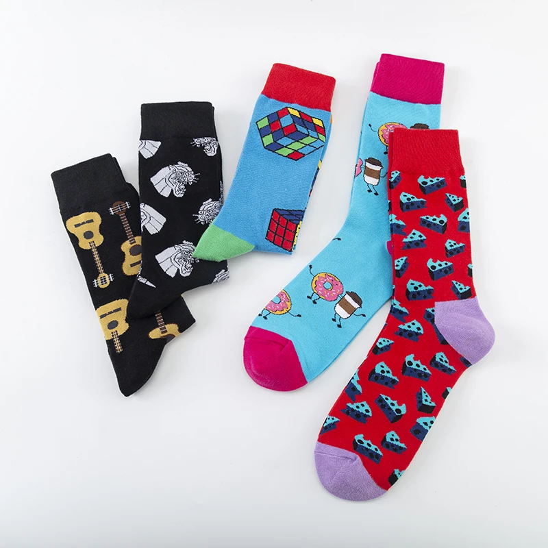 MODA MULAYA New Happy Socks Men/Women Cheese White Panther Head Guitar Chocolate Trendy Colorful Funny Socks Cotton Breathable