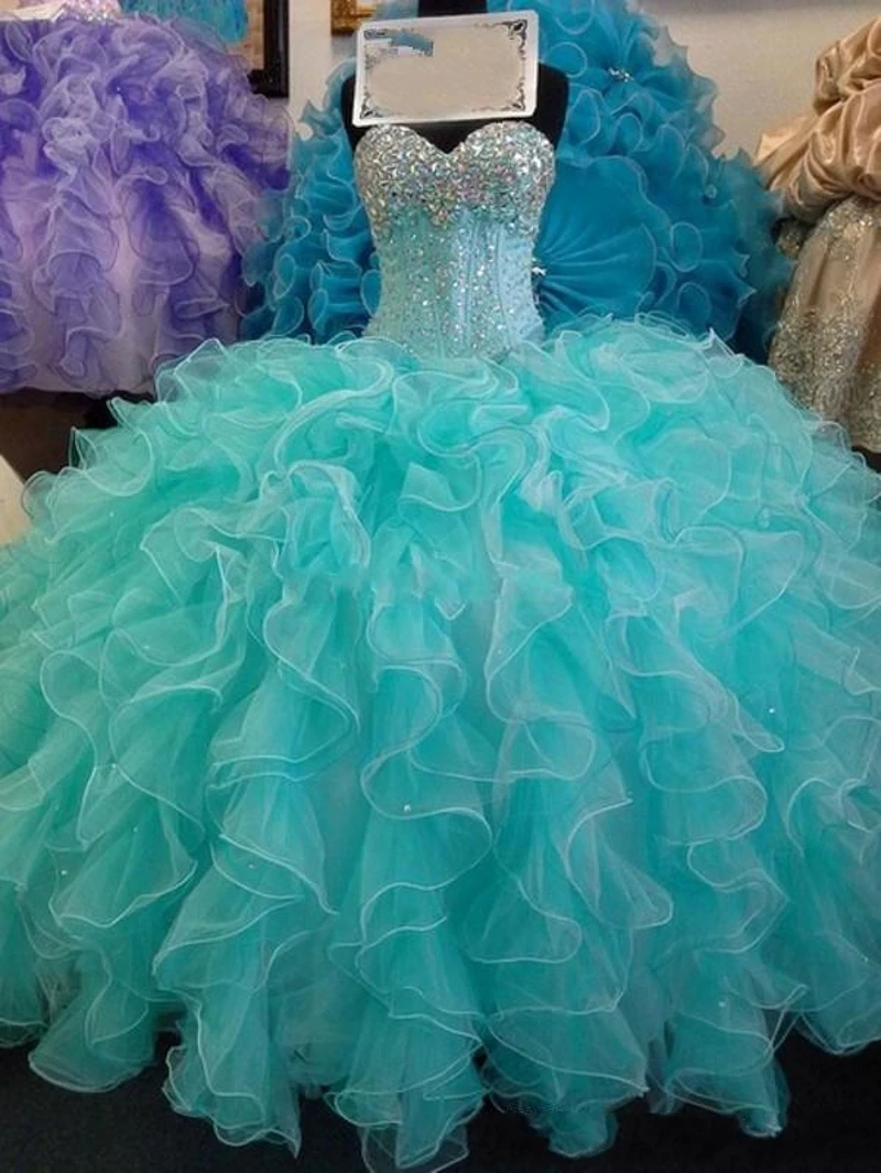 Gaun payet berkilau gaun Quinceanera biru kristal 2024 baru Sweetheart Lace up manis 16 tahun gaun ulang tahun Prom putri