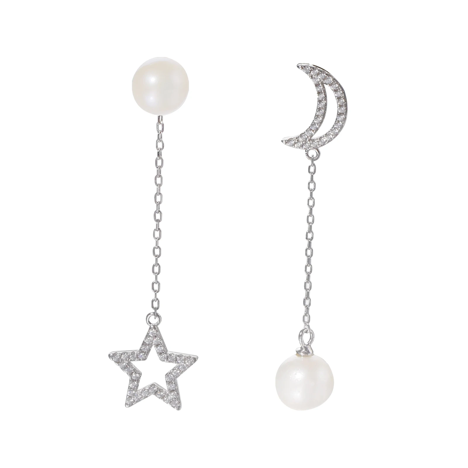 

925 Sterling Silver Freshwater Cultured Pearl Drop Earrings Fashion Moon Star Cubic Zirconia Earrings For Women Jewelry Gift