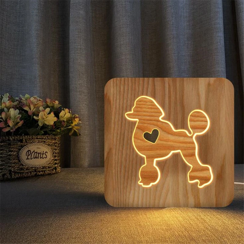 

Ins Wooden Poodle dog lamp Animal USB LED Table Lights Christmas Wood night light for Children kids Room new year Decoration led