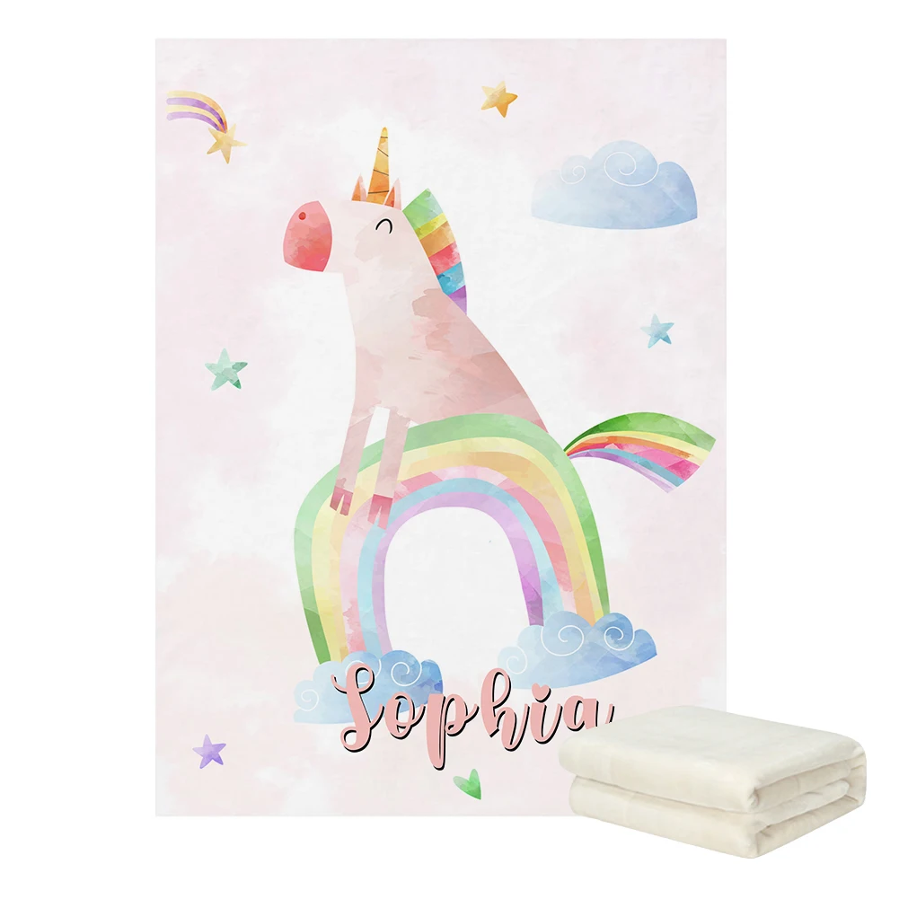 LVYZIHO Unicorn Rainbow Custom Name Baby Blanket - 30x40 / 48x60 / 60x80 Inches - Fleece Blanket