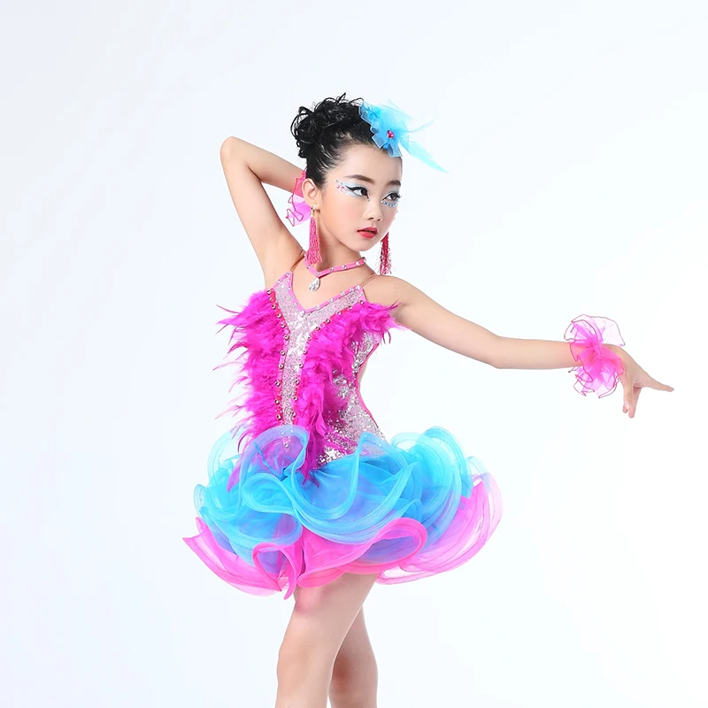 1 satz/los Kinder Professional Latin Dance Kleid für Mädchen Ballroom Dance Wettbewerb Kleider pailletten feder kleid