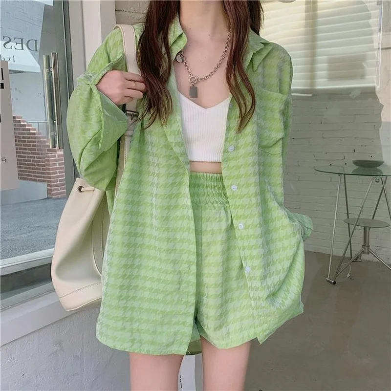 

Suncreen Green Plaid Two Piece Tracksuit Set Women Korean Loose Long Button Up Shirts Thin Casual Shorts Suits Female New 2022