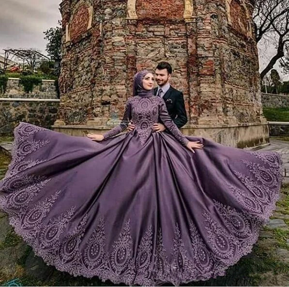 2021 Gorgeous Arabic Purple Muslim Wedding Dress Turkish Lace Applique High Neck Islamic Bridal Dresses Long Sleeve Wedding Gown Wedding Dresses AliExpress