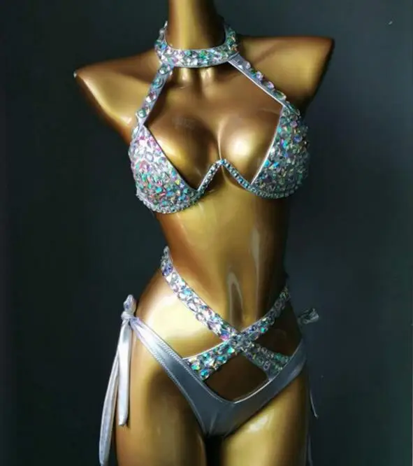 4 jasny kolor Bikini Set kobiety Diamante karnawał biustonosz Rhinestone Sexy noc klub majtki festiwal nosić płonący mężczyzna strój