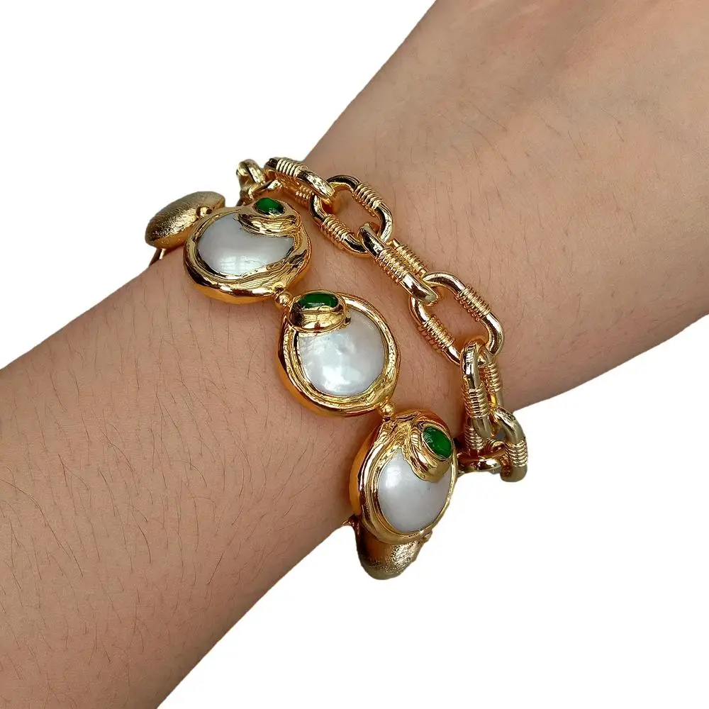 KKGEM  Necklace Gold Plated Chain  White Coin Freshwater Pearl With Electroplated Edge Cubic Zirconia Pave Beads Choker bracelet