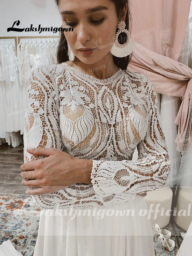 Lakshmigown-Bohemian Lace Chiffon Vestido de Noiva, Hippie Vestido com Manga Comprida, Casamento Robe, Bohemian