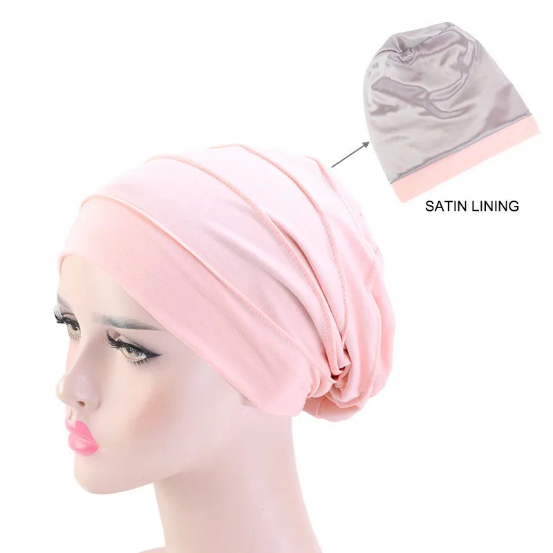 Satin Lining Turban Caps for Women Muslim Ruffle Solid Cotton Headscarf Bonnet Femme Musulman Head Wrap Cap Turbante Mujer