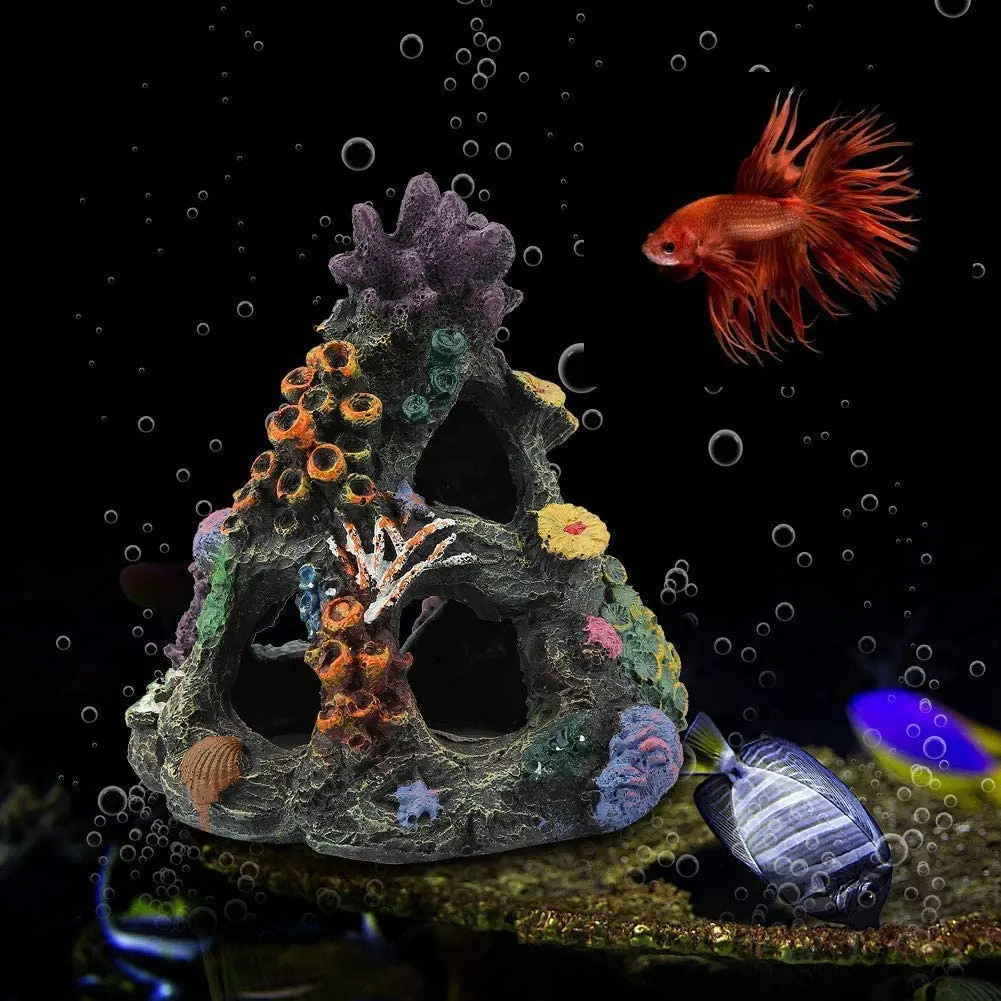 Coral Reef Aquarium Decoration Fish Tank Resin Rock Mountain Cave Ornaments Fish House for Betta Sleep Rest Hide Play Breed