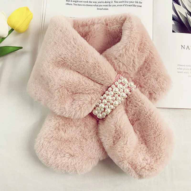 Pink Soft Japan Pearl Faux Fur Scarf Women Winter Fashion Thick Warm Neck Collar Scarves 2021 New Ladies Women Girl Accessories