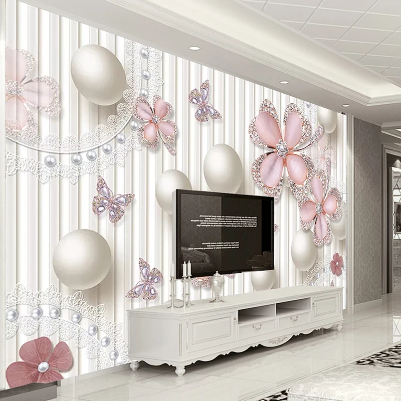 Custom Wall Mural Wallpaper Jewelry Pink Butterfly Flower Circle Ball 3D Living Room Sofa TV Background Wall Papers Home Decor