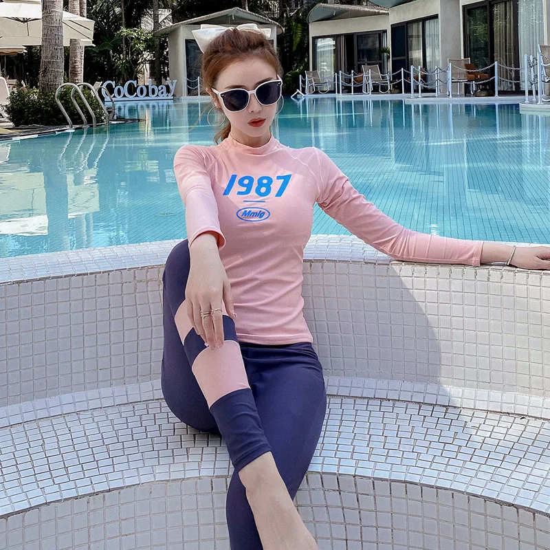 Long Sleeve Rash Guard Women Solid 4 Pieces Swimsuit Swimwear Bathing Suits Surfing Pad Long Pant Sun UV Protection Sports