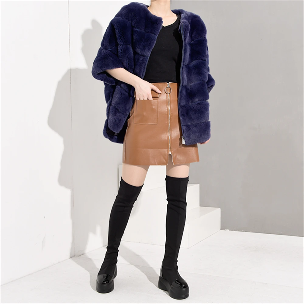 TOPFUR Rex Rabbit Fur Coat Women Real Fur Coat With Zipper Dark Purple Leather Jacket Dark Blue Winter Coat Women Plus Size