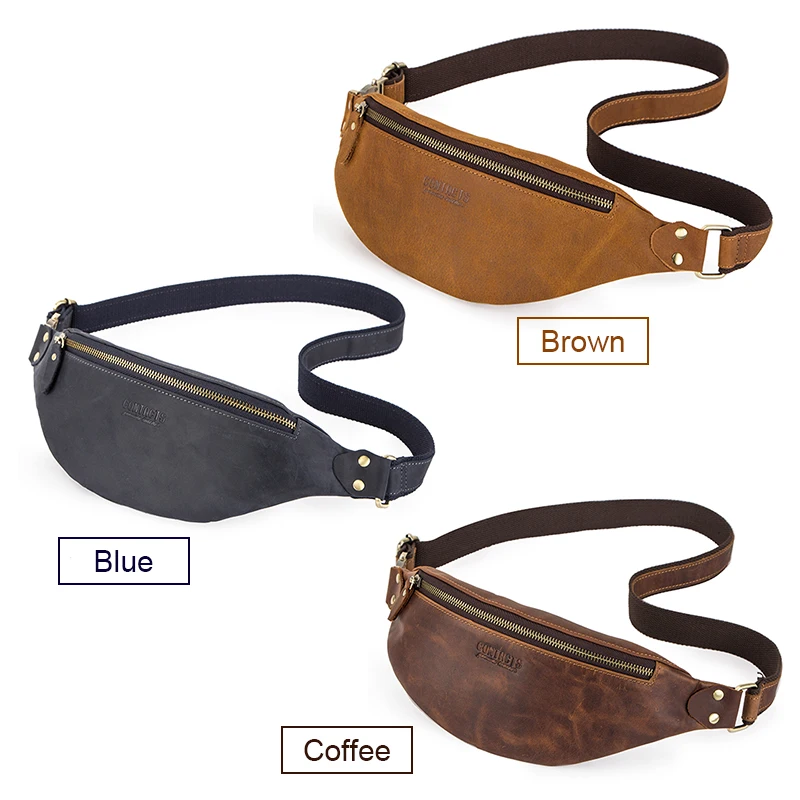 CONTACT\'S 100% Crazy Horse Leather Men Waist Bag Casual Fanny Pack Belt Phone Pouch Bags Small Chest Packs for Man Shoulder Bag