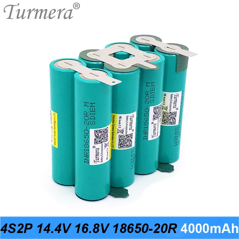 Turmera 4S 14.4V 16.8V INR18650-20RM 2000mAh 4000mAh 20A Bateria de solda para chave de fenda Shrika e uso de aspirador de pó