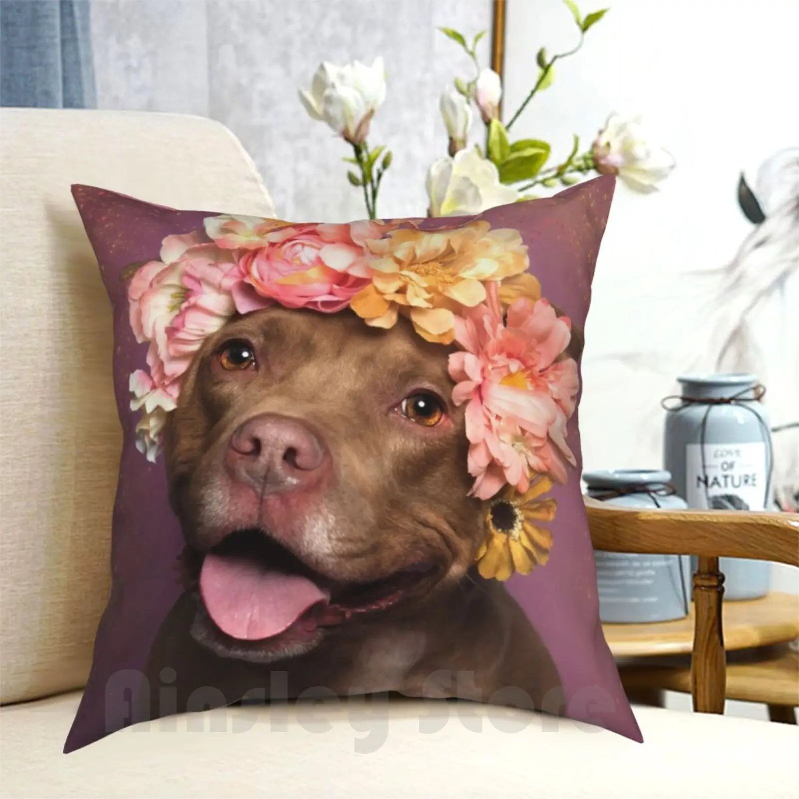 Flower Power , Topaz Pillow Case Printed Home Soft Throw Pillow Pit Bull Flowers Dog Rescue Shelter Love Flower Crown