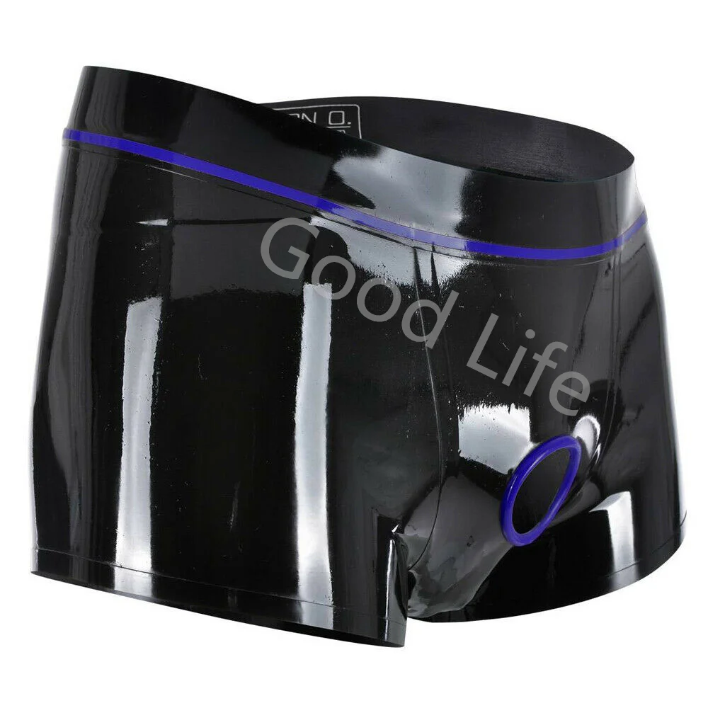 Sexy Natural Latex Underwear Boxer Shorts Briefs Handmade Men Short Pants Front Hole With Blue Trims kakegurui cosplay costume