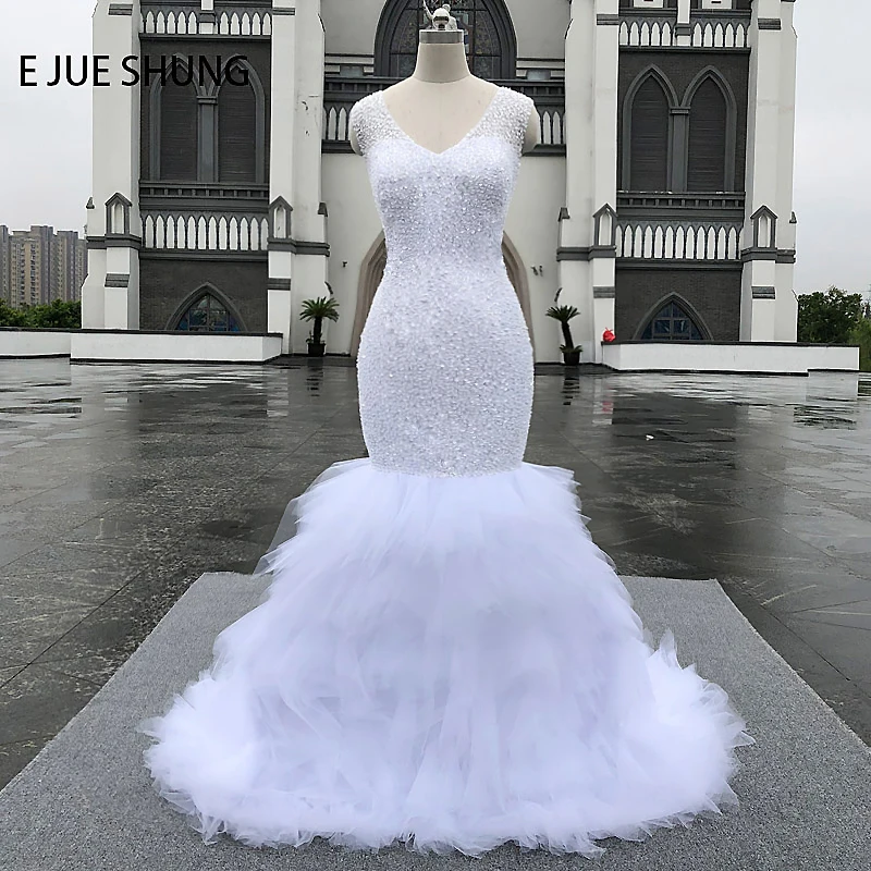 

E JUE SHUNG Tiered Tulle Full Beads Luxury Wedding Dresses Mermaid V-neck Lace Up Back Bridal Gowns Robe De Mariee Real Dress