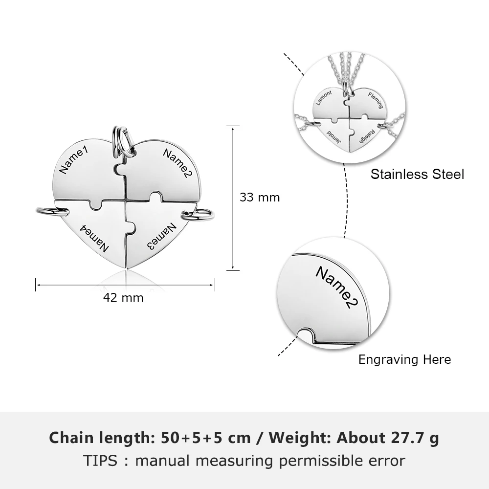 誕生日石でパーソナライズされたステンレス鋼のハート型の友情ネックレス、カスタム彫刻の名前、4人の友人のためのバフネックレス