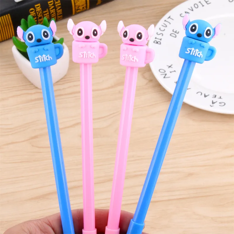 24 pcs Cartoon creative cup blue powder puppy gel pen big ear cat black student writing stationery material escolar canetas