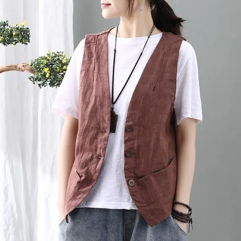 Vests Women Minimalist Elegant Retro Summer Chic Fashion All-match Womens Sleeveless Vest Leisure Single Breasted Ladies Outwear