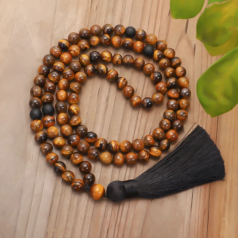 Yellow Tiger Eye Necklace Bracelet For Men Natural Original Stone Beads Jewelry Fashion Charm 108 Mala Beaded Tassel Necklace