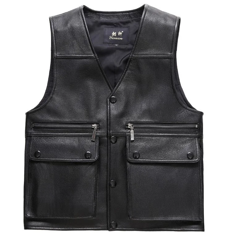 

Motorcycle Men Biker Real Leather Vest Cowhide Casual Waistcaot Black Genuine Leather Sheepskin Multi pockets Sleeveless Jacket