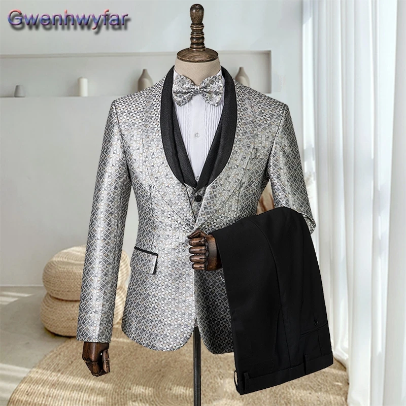 

Gwenhwyfar Patchwork Shale Lapel Blazers With Black Pants Set Custom Made Slim Fit Single Button Wedding Suits For Men Tuxedos