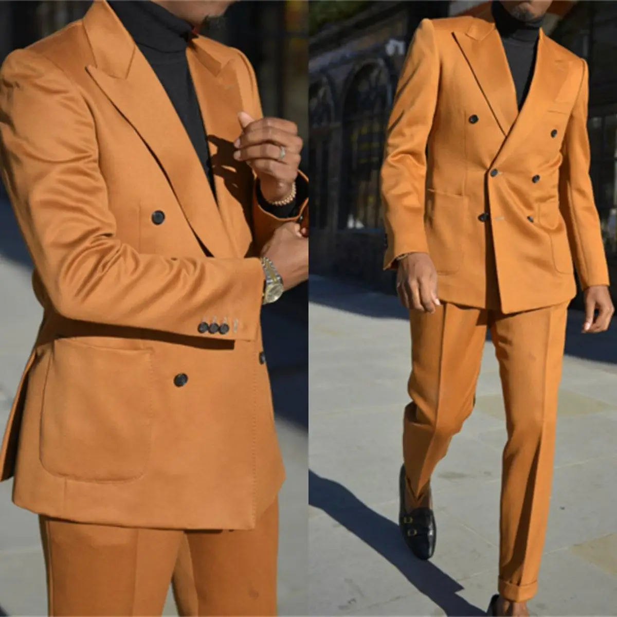 Orange Double Breasted Mens Suits Evening Party Wear Two Pieces Formal Occasion Peaked Lapel Coat+Pant Jacket Costume Homme