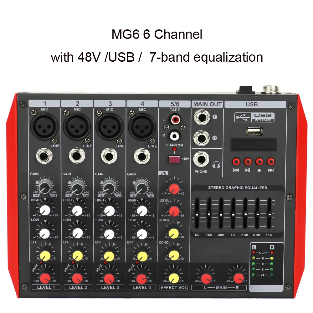 

MiCWL YAMAH MG6 6 Microphone Channel Live Audio Mixing Console DJ Mixer With 48V Phantom Gain 7 EQ USB TAPE